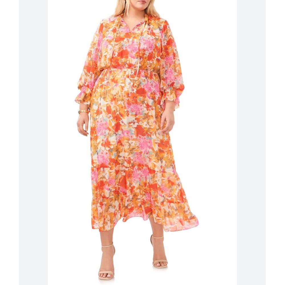 Vince Camuto Romantic Ethereal Floral Watercolor Smocked Waist Maxi Dress 2X